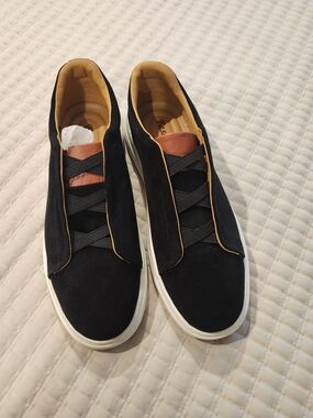 Men's Black Suede Slip-On Sneakers with Tan Lining and Cognac Tongue